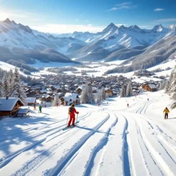 Luchtfoto van Kitzbühel skipistes met verse poedersneeuw, skiërs sporen en Oostenrijks bergdorp in dal