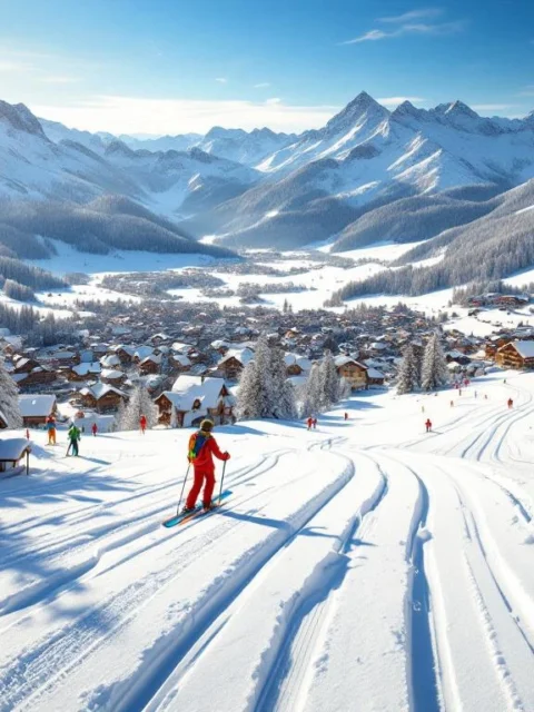 Luchtfoto van Kitzbühel skipistes met verse poedersneeuw, skiërs sporen en Oostenrijks bergdorp in dal