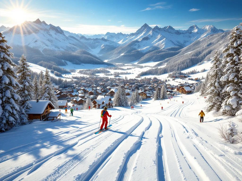 Luchtfoto van Kitzbühel skipistes met verse poedersneeuw, skiërs sporen en Oostenrijks bergdorp in dal