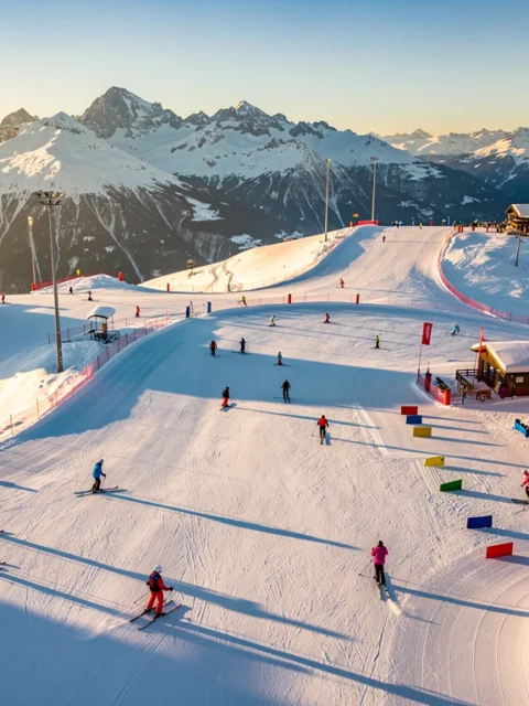 Luchtfoto van Königsleiten skipistes in ochtendlicht met skiërs op verschillende moeilijkheidsgraden en Oostenrijkse chalets