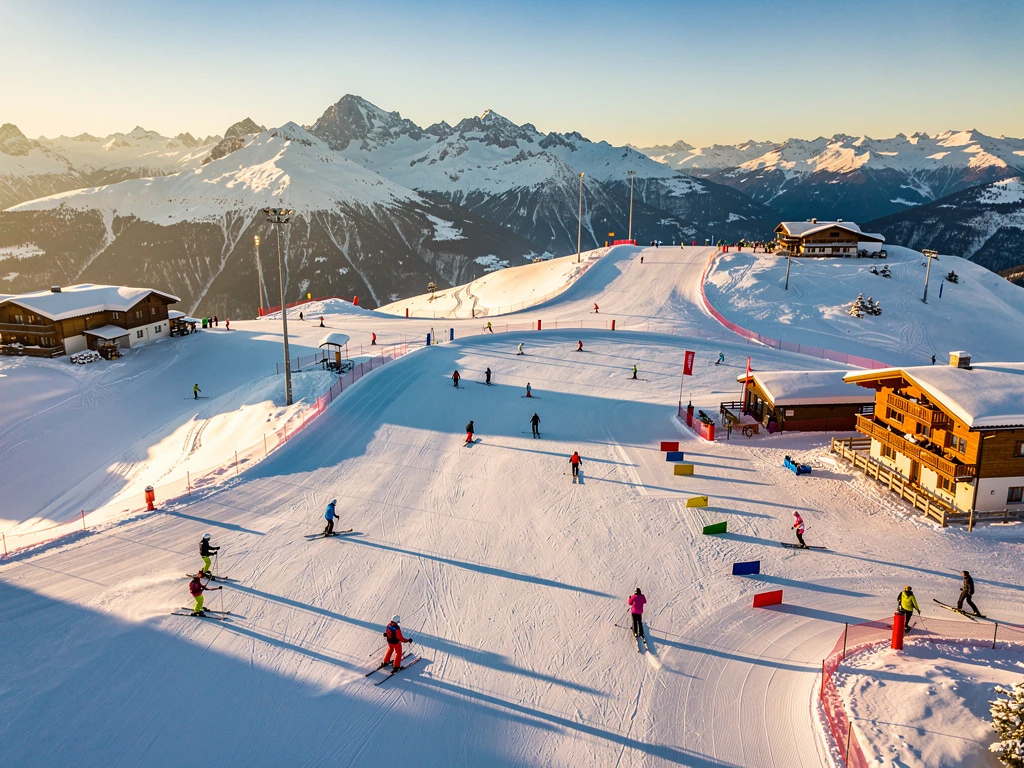 Luchtfoto van Königsleiten skipistes in ochtendlicht met skiërs op verschillende moeilijkheidsgraden en Oostenrijkse chalets