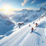 Luchtfoto van skiërs op besneeuwde pistes in Kühtai, Oostenrijk met ski-instructeurs in oranje en blauwe jassen