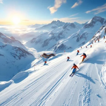 Luchtfoto van skiërs op besneeuwde pistes in Kühtai, Oostenrijk met ski-instructeurs in oranje en blauwe jassen
