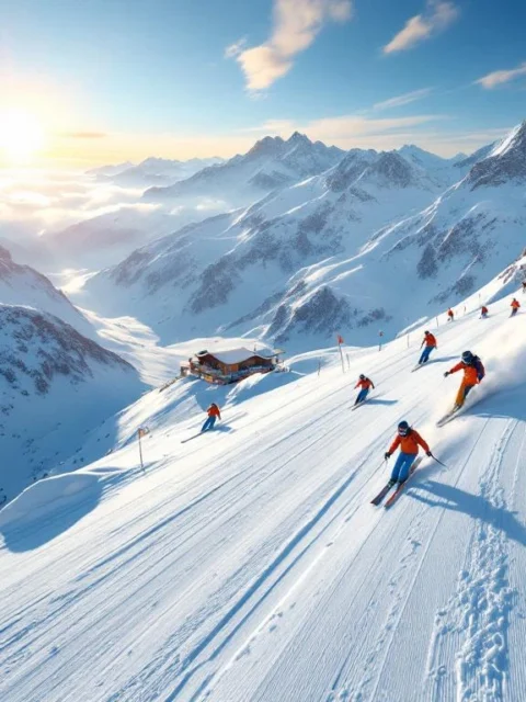 Luchtfoto van skiërs op besneeuwde pistes in Kühtai, Oostenrijk met ski-instructeurs in oranje en blauwe jassen