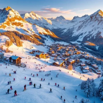 Luchtfoto van La Chapelle-d'Abondance skigebied met besneeuwde Alpentoppen, skipistes en skiërs in kleurrijke winterkleding