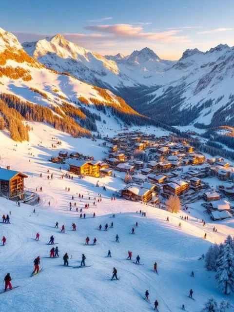 Luchtfoto van La Chapelle-d'Abondance skigebied met besneeuwde Alpentoppen, skipistes en skiërs in kleurrijke winterkleding