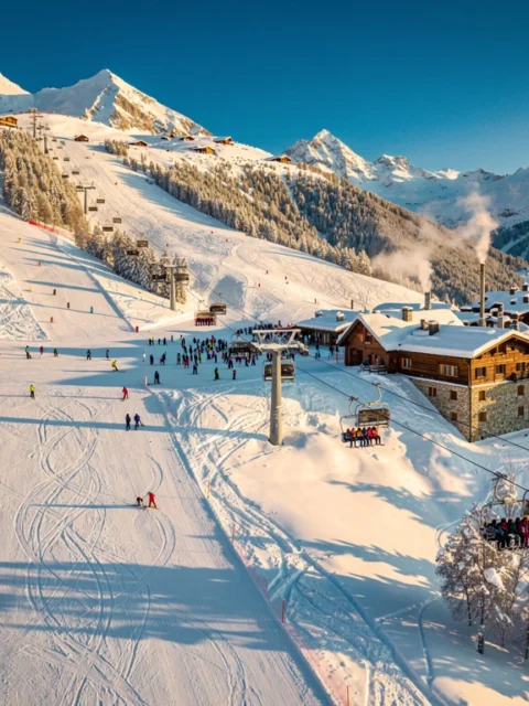 Luchtfoto La Rosière skigebied met besneeuwde Alpentoppen, kleurrijke skigroepen op verschillende pistes en chalets