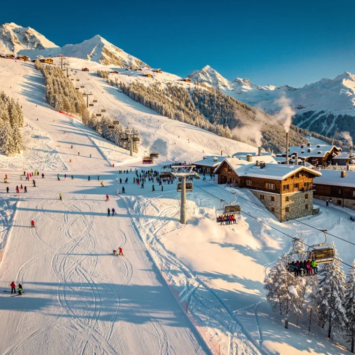Luchtfoto La Rosière skigebied met besneeuwde Alpentoppen, kleurrijke skigroepen op verschillende pistes en chalets