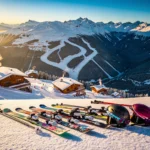Aerial view of La Tania ski resort with snow-covered Alpine slopes, colorful ski equipment, chalets, and groomed runs