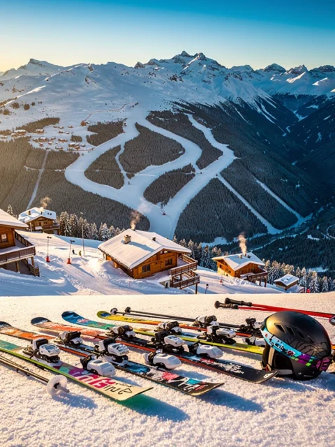 Aerial view of La Tania ski resort with snow-covered Alpine slopes, colorful ski equipment, chalets, and groomed runs
