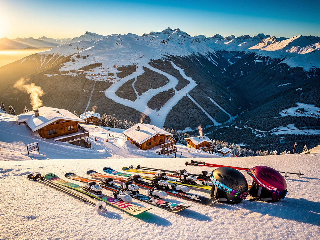 Aerial view of La Tania ski resort with snow-covered Alpine slopes, colorful ski equipment, chalets, and groomed runs