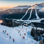 Luchtfoto van La Tania skigebied met besneeuwde hellingen, skiërs en instructeurs in Franse Alpen tijdens gouden uur