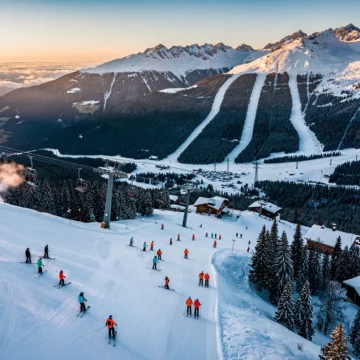 Luchtfoto van La Tania skigebied met besneeuwde hellingen, skiërs en instructeurs in Franse Alpen tijdens gouden uur