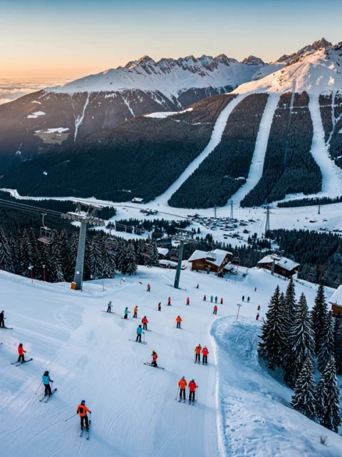 Luchtfoto van La Tania skigebied met besneeuwde hellingen, skiërs en instructeurs in Franse Alpen tijdens gouden uur