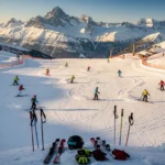 Aerial view of Le Grand-Bornand ski slopes with colorful skiers practicing on snow-covered Alpine peaks under blue skies.