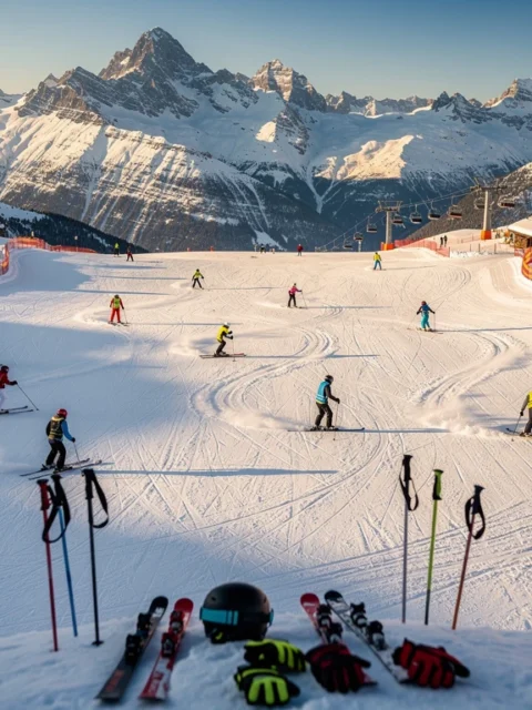 Aerial view of Le Grand-Bornand ski slopes with colorful skiers practicing on snow-covered Alpine peaks under blue skies.