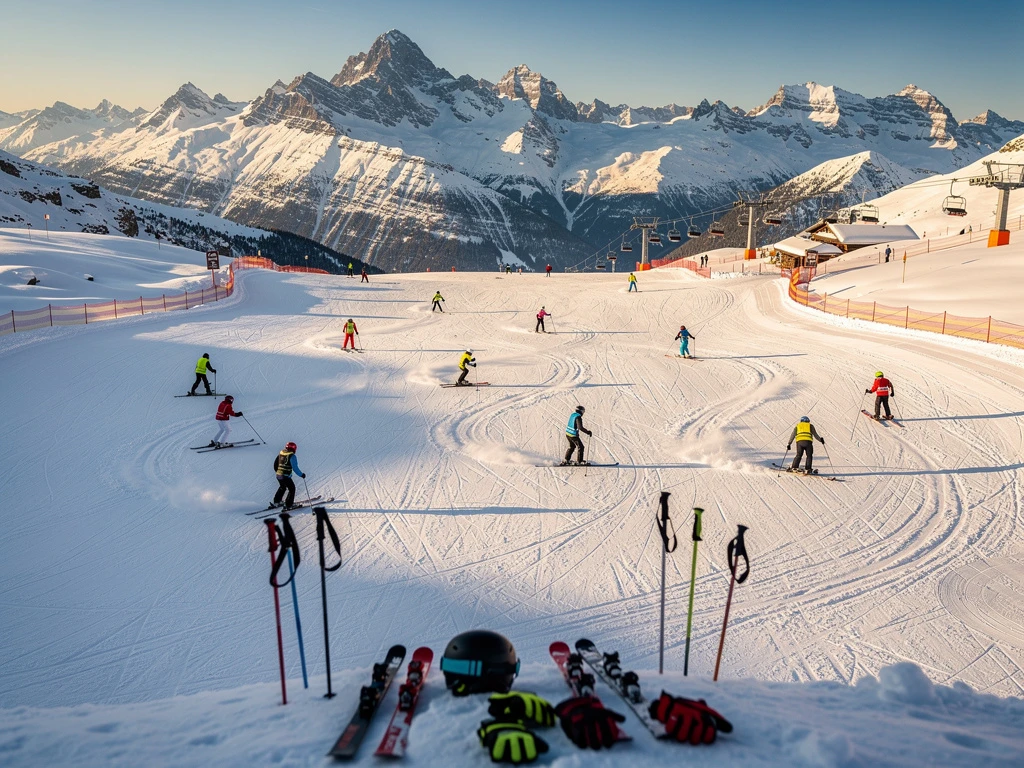 Aerial view of Le Grand-Bornand ski slopes with colorful skiers practicing on snow-covered Alpine peaks under blue skies.
