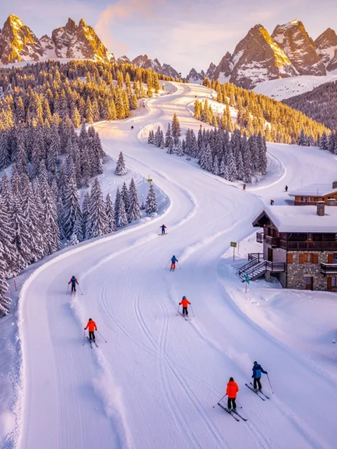 Luchtfoto van Le Grand-Bornand skipistes met ski-instructeurs in oranje jassen die groepen begeleiden door besneeuwde dennenbossen