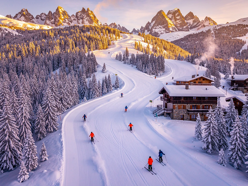 Luchtfoto van Le Grand-Bornand skipistes met ski-instructeurs in oranje jassen die groepen begeleiden door besneeuwde dennenbossen
