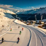 Aerial view of Le Monêtier-les-Bains ski slopes with skiers on groomed runs, village chalets below snow-capped Alpine peaks