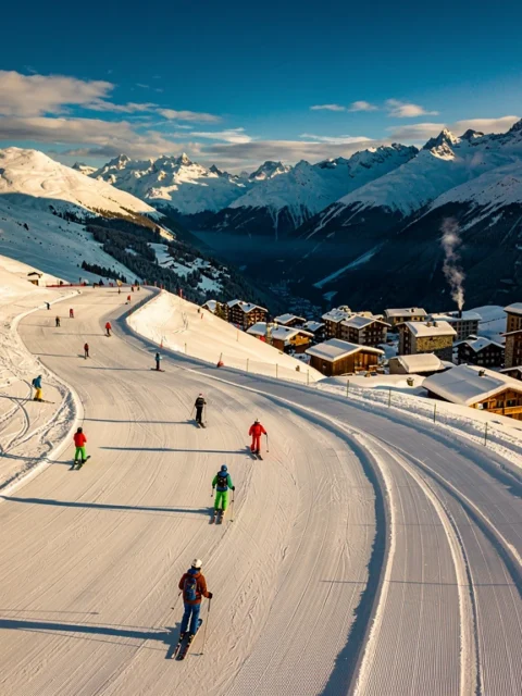 Aerial view of Le Monêtier-les-Bains ski slopes with skiers on groomed runs, village chalets below snow-capped Alpine peaks