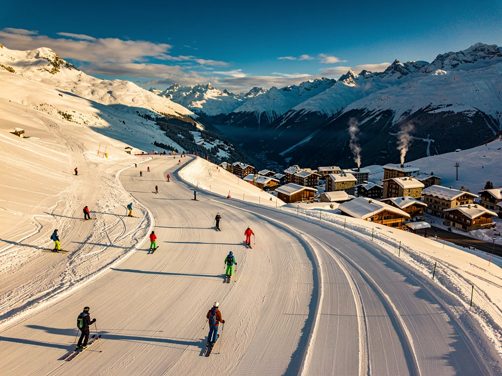 Aerial view of Le Monêtier-les-Bains ski slopes with skiers on groomed runs, village chalets below snow-capped Alpine peaks