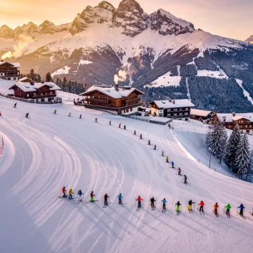 Luchtfoto van besneeuwde skipistes in Lech am Arlberg tijdens zonsondergang met skiërs en traditionele Oostenrijkse chalets