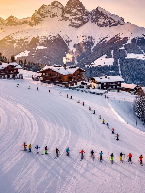 Luchtfoto van besneeuwde skipistes in Lech am Arlberg tijdens zonsondergang met skiërs en traditionele Oostenrijkse chalets