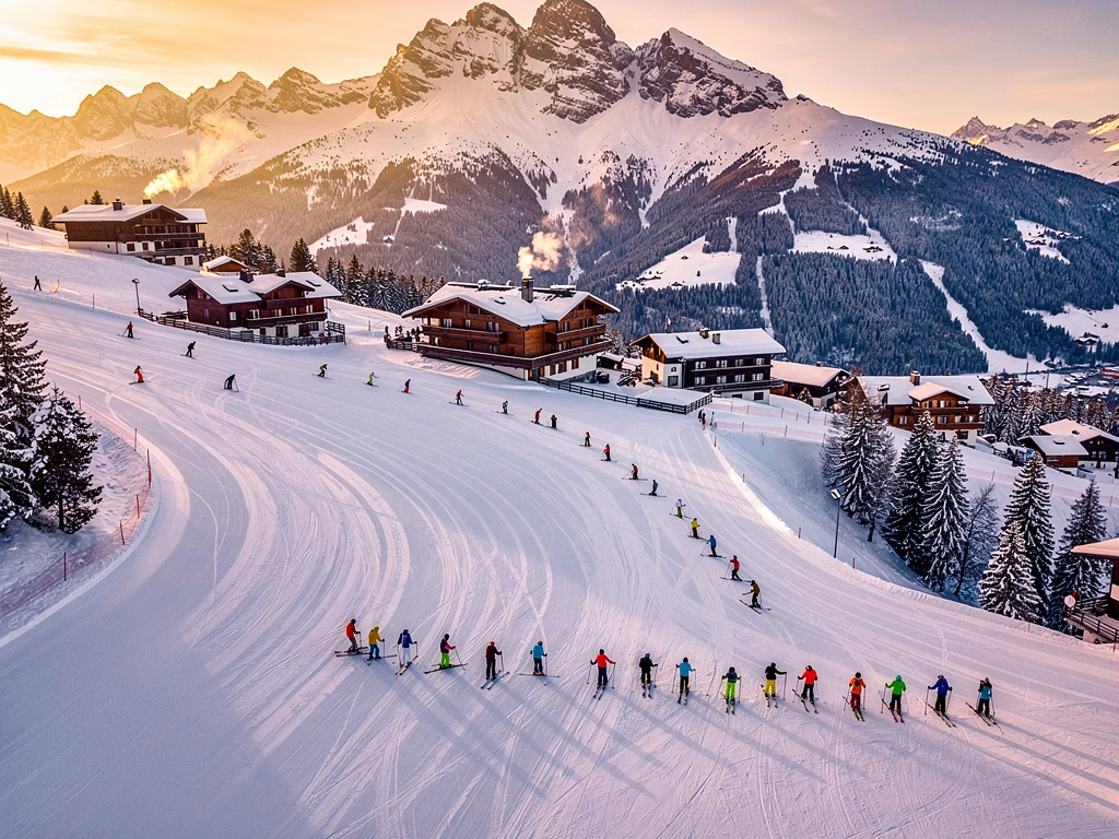 Luchtfoto van besneeuwde skipistes in Lech am Arlberg tijdens zonsondergang met skiërs en traditionele Oostenrijkse chalets