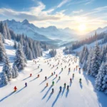 Luchtfoto van Leogang skipistes in ochtendlicht met skiërs op verschillende hellingen en Oostenrijkse Alpen op achtergrond