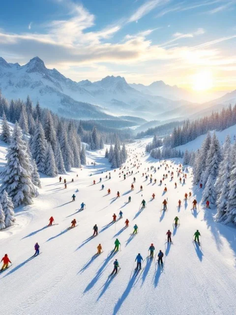 Luchtfoto van Leogang skipistes in ochtendlicht met skiërs op verschillende hellingen en Oostenrijkse Alpen op achtergrond