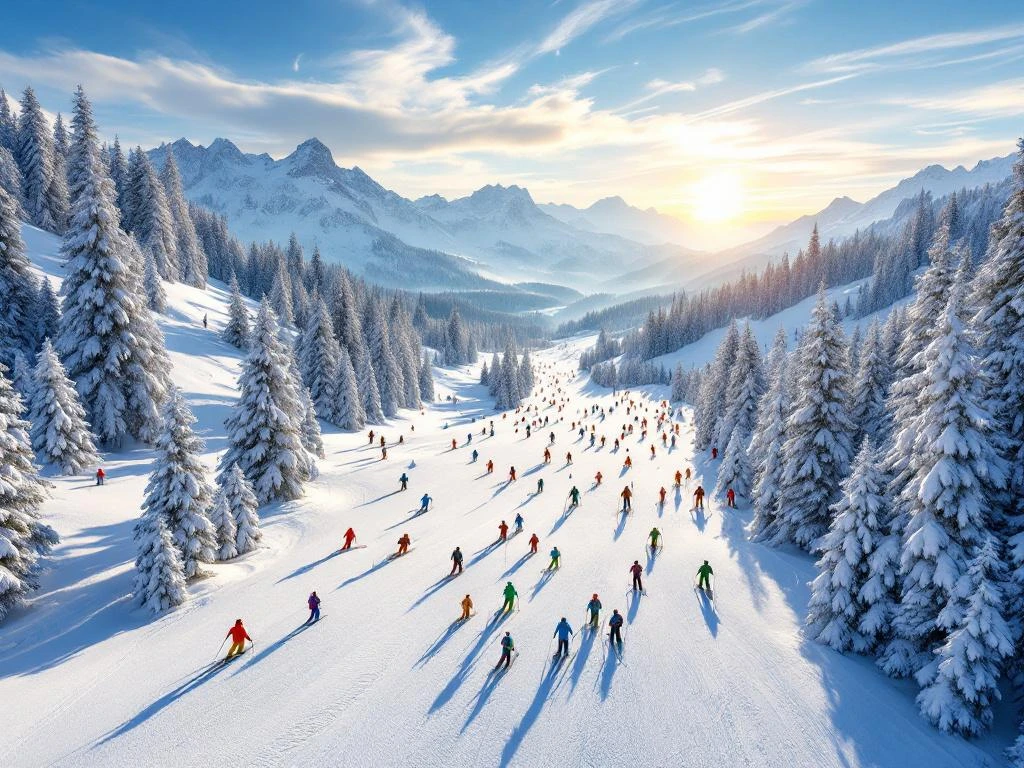 Luchtfoto van Leogang skipistes in ochtendlicht met skiërs op verschillende hellingen en Oostenrijkse Alpen op achtergrond