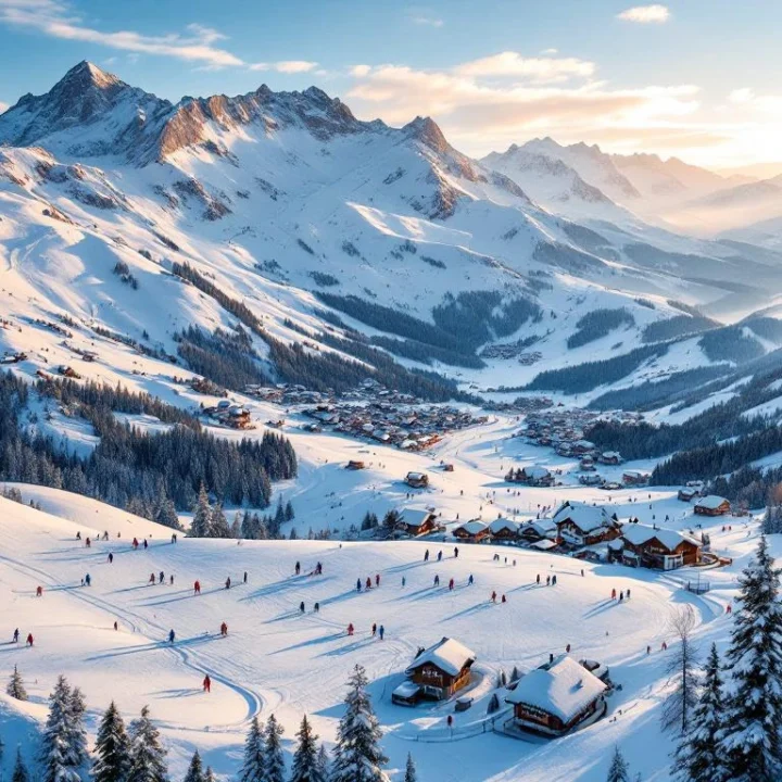 Luchtfoto van Les Brévières skigebied in de Franse Alpen met besneeuwde pistes, skiërs en alpine chalets in gouden licht
