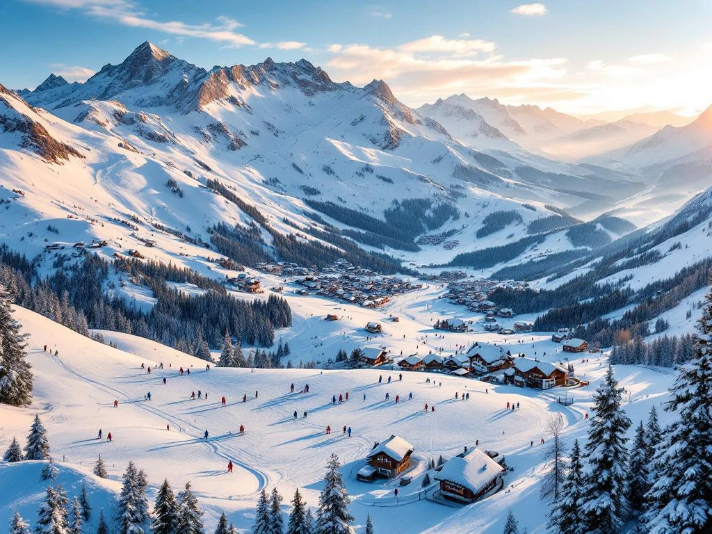 Luchtfoto van Les Brévières skigebied in de Franse Alpen met besneeuwde pistes, skiërs en alpine chalets in gouden licht