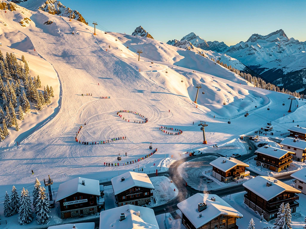 Luchtfoto van Les Carroz d'Arâches skigebied met besneeuwde Alpenhellingen, skiërs, chalets en liften bij gouden uur