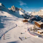 Aerial view of Les Contamines-Montjoie ski resort with groomed slopes, colorful skiers, and snow-capped French Alps peaks.