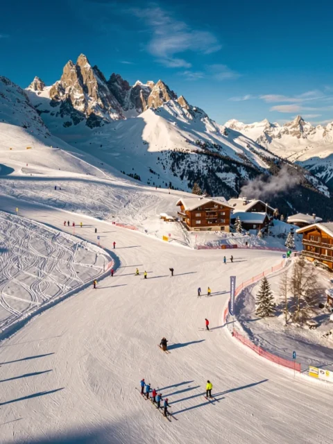 Aerial view of Les Contamines-Montjoie ski resort with groomed slopes, colorful skiers, and snow-capped French Alps peaks.