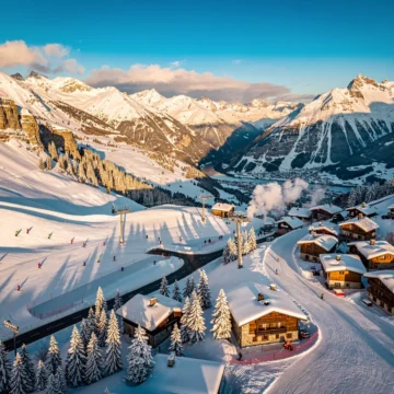 Luchtfoto van Les Contamines-Montjoie skigebied met besneeuwde Alpentoppen, gekleurde skiërs en chalets in dal