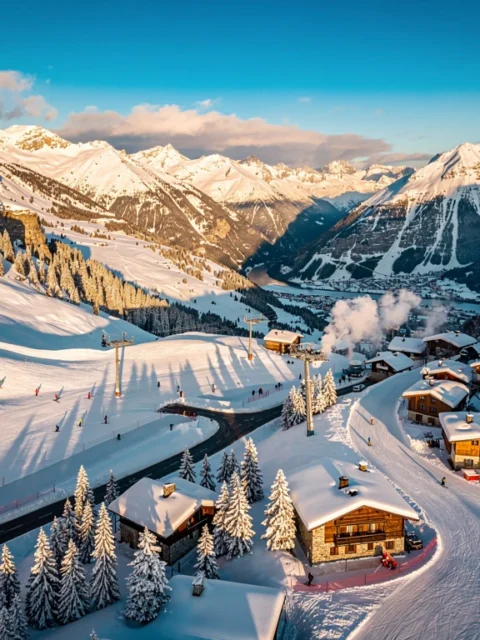 Luchtfoto van Les Contamines-Montjoie skigebied met besneeuwde Alpentoppen, gekleurde skiërs en chalets in dal