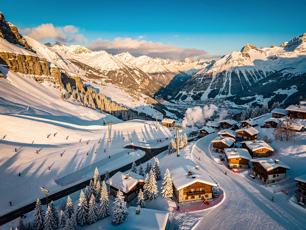 Luchtfoto van Les Contamines-Montjoie skigebied met besneeuwde Alpentoppen, gekleurde skiërs en chalets in dal