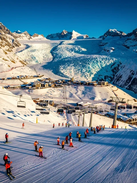 Aerial view of Les Deux Alpes ski resort with groomed slopes, colorful skiers, ski lifts, and snow-covered Alpine peaks.