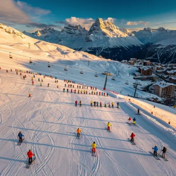 Luchtfoto van Les Deux Alpes skigebied met skipistes, skilessen en besneeuwde Alpentoppen in gouden ochtendlicht