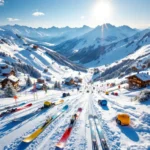 Luchtfoto van Les Gets skigebied met besneeuwde Alpentoppen, kleurrijke ski-uitrusting en traditionele chalets