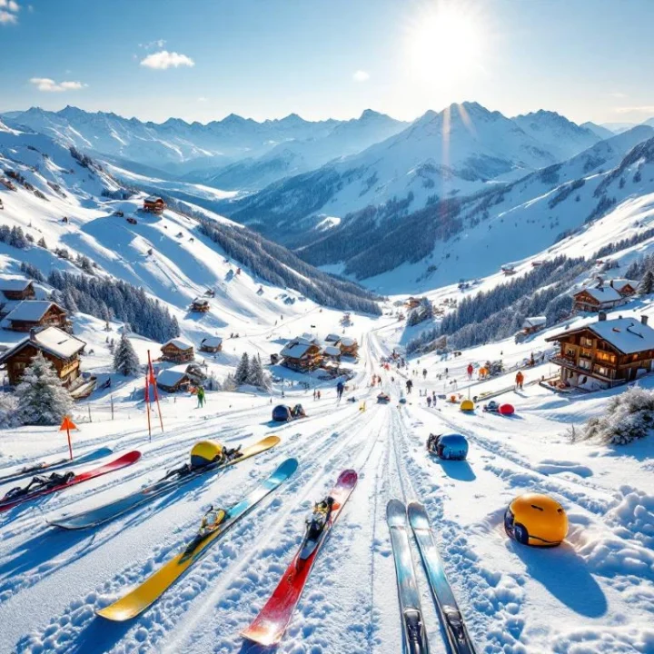 Luchtfoto van Les Gets skigebied met besneeuwde Alpentoppen, kleurrijke ski-uitrusting en traditionele chalets