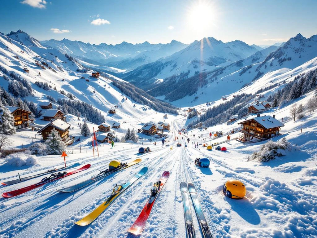 Luchtfoto van Les Gets skigebied met besneeuwde Alpentoppen, kleurrijke ski-uitrusting en traditionele chalets
