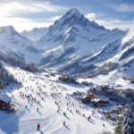 Luchtfoto van Les Houches skipistes in ochtendlicht met skiërs op besneeuwde Alpenhellingen en Mont Blanc op achtergrond