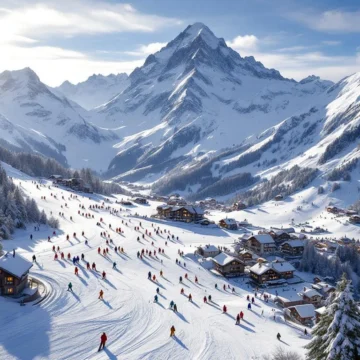 Luchtfoto van Les Houches skipistes in ochtendlicht met skiërs op besneeuwde Alpenhellingen en Mont Blanc op achtergrond