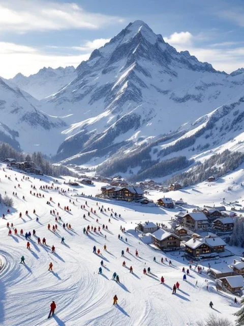 Luchtfoto van Les Houches skipistes in ochtendlicht met skiërs op besneeuwde Alpenhellingen en Mont Blanc op achtergrond