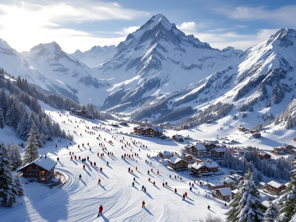 Luchtfoto van Les Houches skipistes in ochtendlicht met skiërs op besneeuwde Alpenhellingen en Mont Blanc op achtergrond