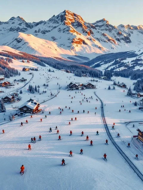 Luchtfoto van Les Lindarets alpendorp met skileraren in oranje jassen die lessen geven op besneeuwde pistes